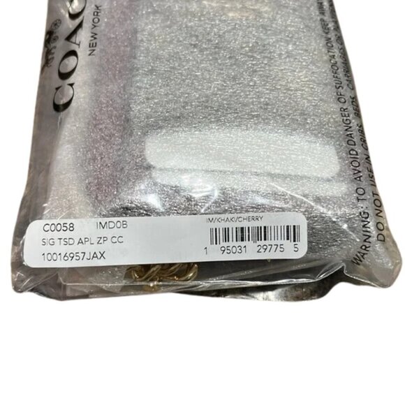 COACH Leather Zip Card Case Signature Khaki Cherry Detachable Chain NWT - Picture 5 of 11